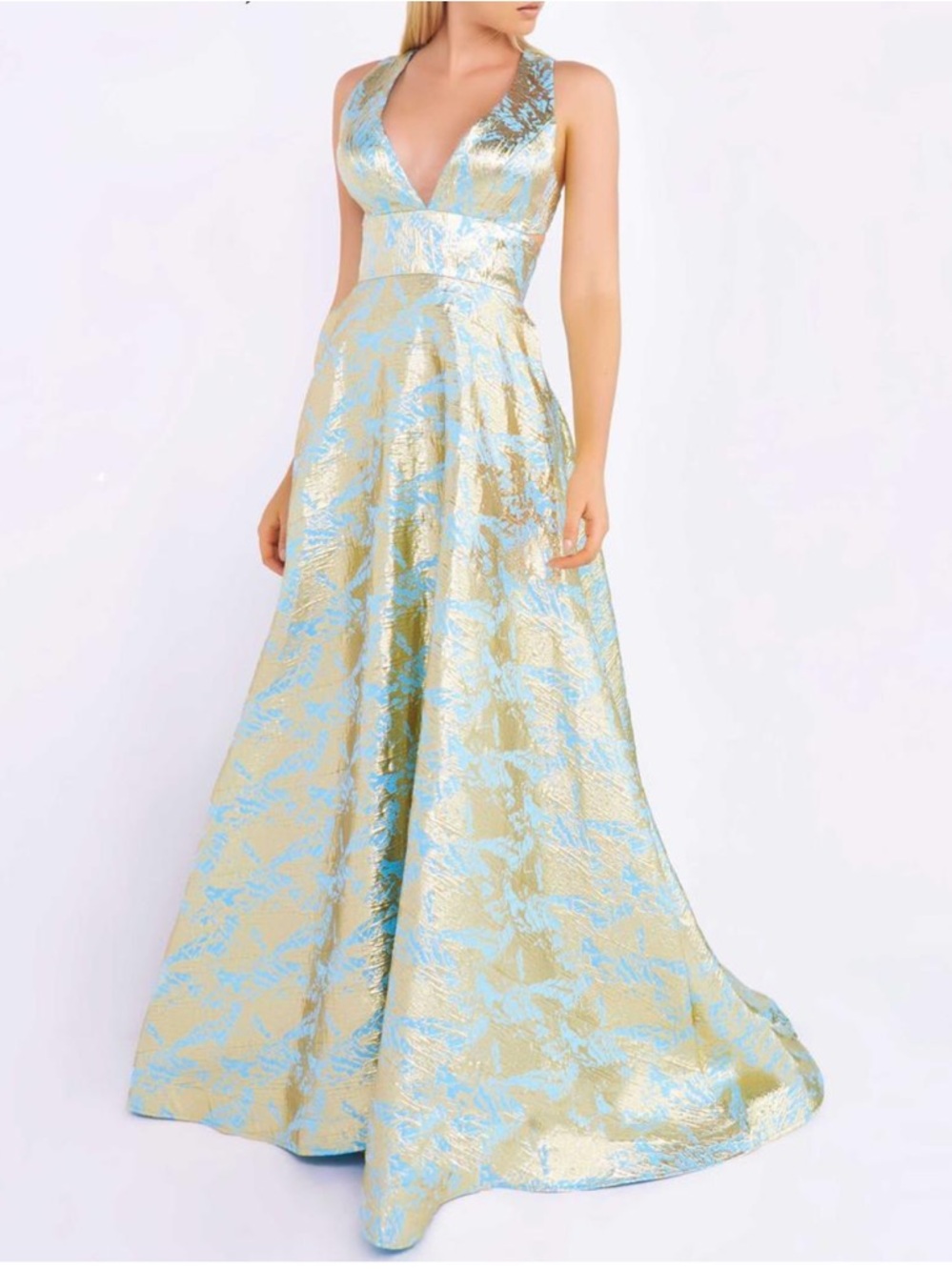 Mac Duggal Gold and Light Blue V-Neck Jacquard Gown